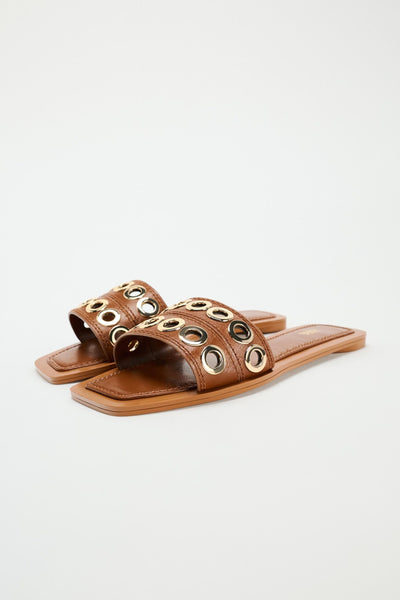 Zara FLAT LEATHER SLIDER SANDALS WITH METAL APPLIQUÉS