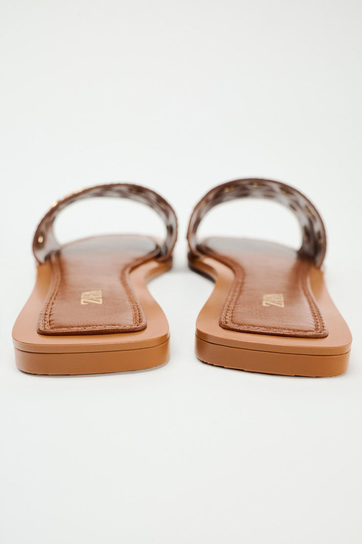 Zara FLAT LEATHER SLIDER SANDALS WITH METAL APPLIQUÉS
