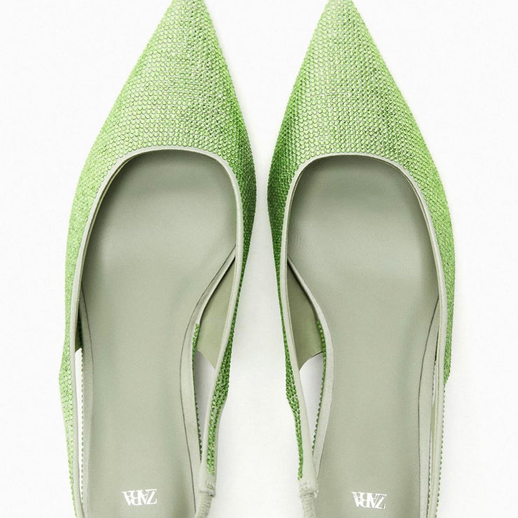 Zara Kitten Heel Slingback Shoes with Rhinestones